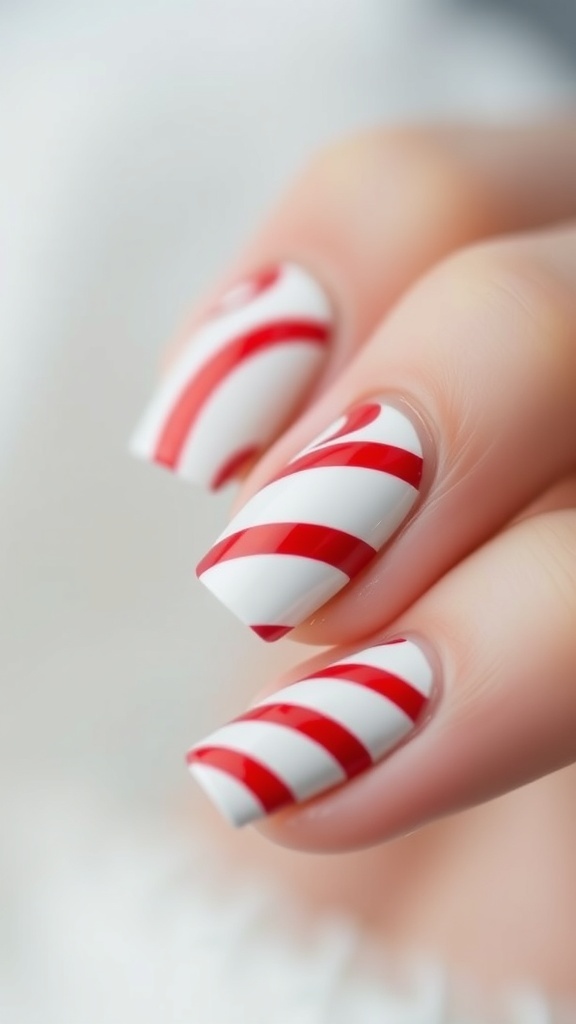 Classy candy cane Christmas nails with red and white stripes on a blurred festive background.